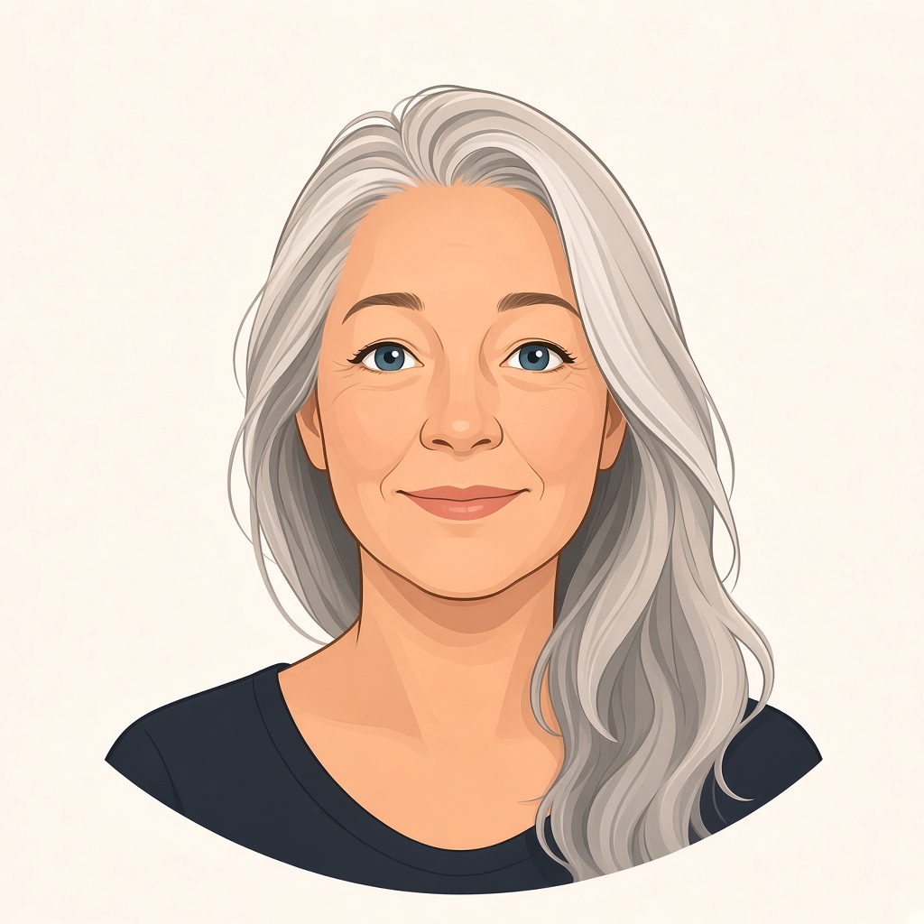 Cartoon of Jo, dog carer at The Dog House, with long grey hair and blue eyes