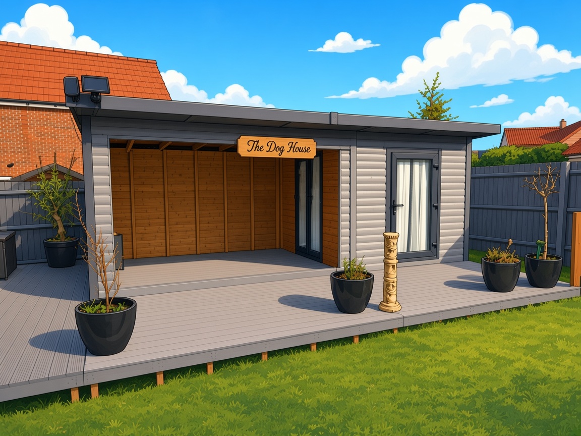 Cartoon of The Dog House garden cabin in Littleport, with a wooden sign, deck, and plants